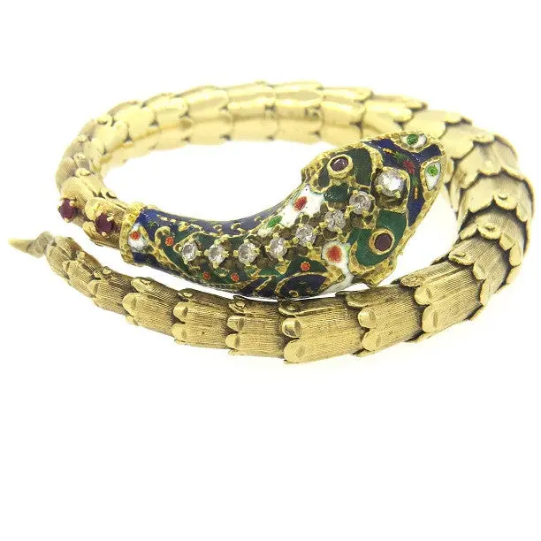 1950S Enamel Snake Bracelet In Gold With Ruby And Diamond Details 1