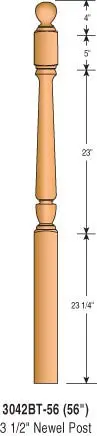 3042Bt-56 — Sheraton Ball Top Newel, 3-1/2" Square × 56" 1