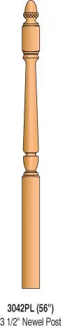 3042Pl-56 — Sheraton Acorn Top Newel, 3-1/2" Square × 56" 1