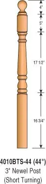 4010Bts-44 — Colonial-Style Ball Top Newel Post, 3" Square × 44" 1