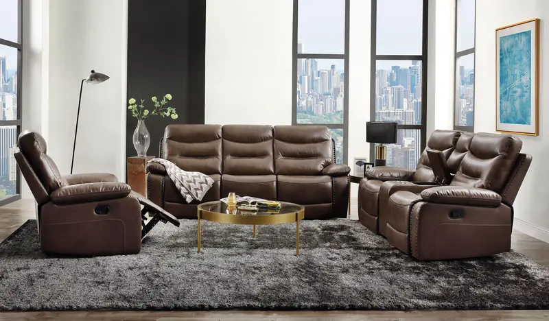 Aashi Brown Leather-Gel Motion Sofa – Modern Reclining Sofa 1