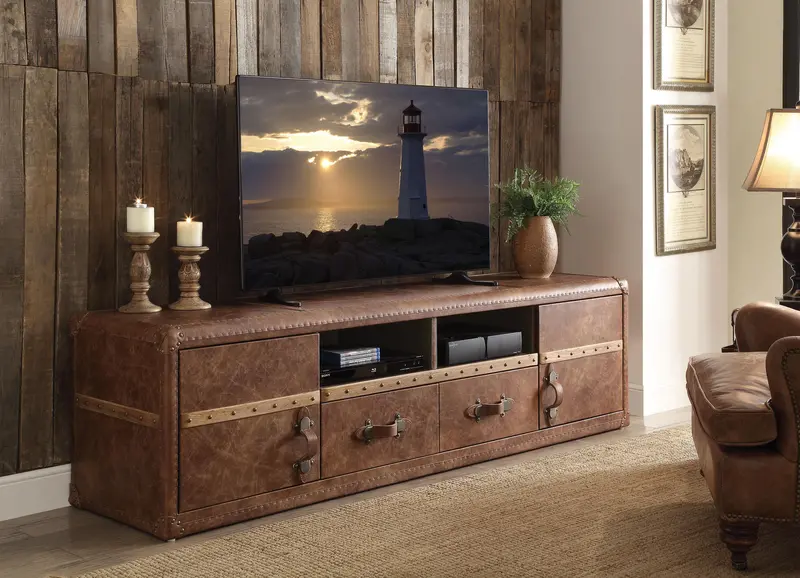 Aberdeen Retro Tv Stand – Brown Top-Grain Leather Media Console 1