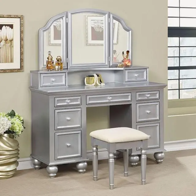 Athy Silver Metallic Vanity Set With Stool 1