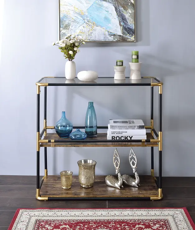 Black And Gold Console Table With Smoky Glass Top – Heleris 1
