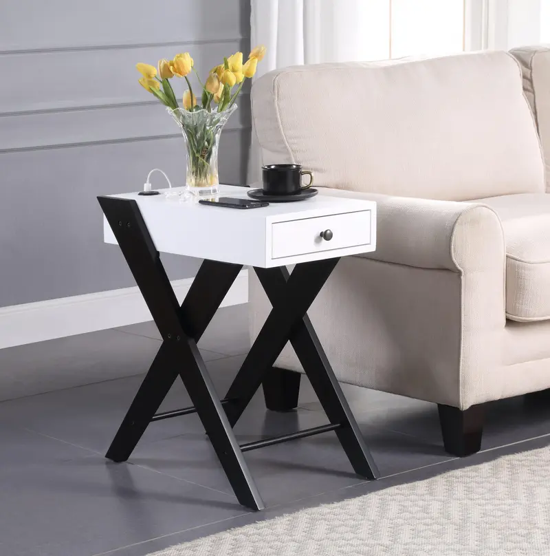 Black And White Side Table With Built-In Usb Charging Station 1