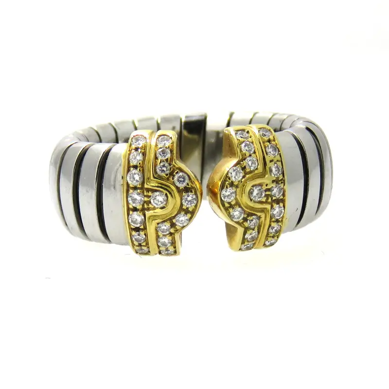 Bulgari Tubogas-Style Cuff Ring In Gold And Stainless Steel With Diamond Accents 1
