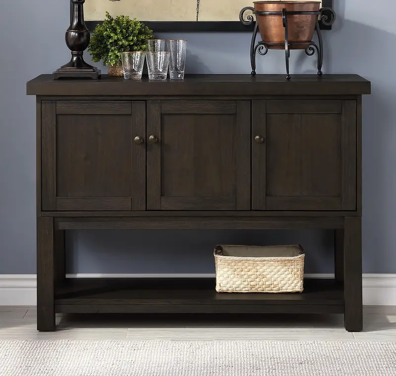 Distressed Walnut Haddie Server With Open Shelving & Drawers 1