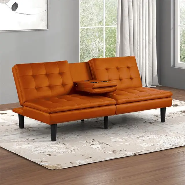 Eidsberg Futon Sofa Bed In Vibrant Orange, Gray, Brown, And Black 1