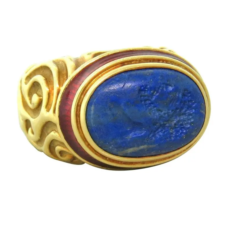 Elizabeth Gage Carved Lapis Lazuli Ring With Enamel Detailing And 18K Gold Band 1