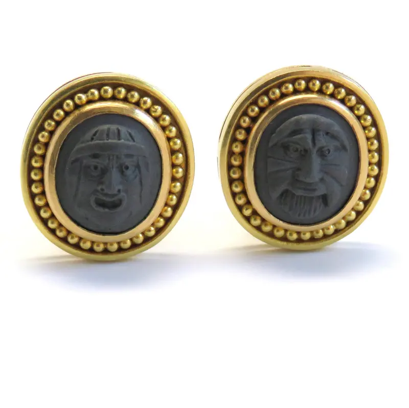 Elizabeth Locke 18K Gold Carved Lava Stone Drop Earrings 1