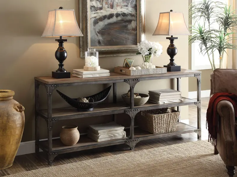 Gorden Console Table – Weathered Oak Top & Antique Silver Base 1