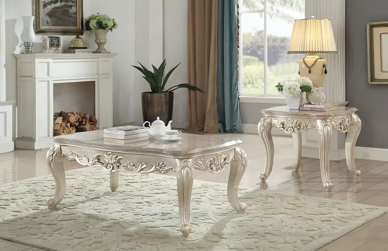 Gorsedd Coffee Table With Marble Inlay And Antique White Base 1