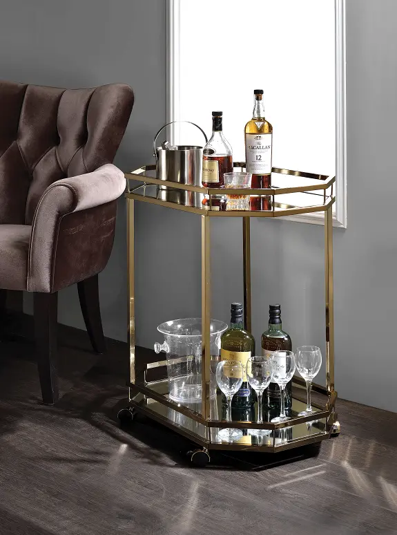 Lacole Champagne-Finished Serving Cart With Mirror Panels 1