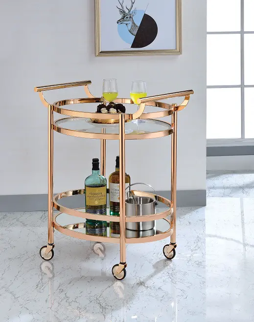 Lakelyn Rose Gold Metal Serving Cart With Tempered Glass Shelves 1