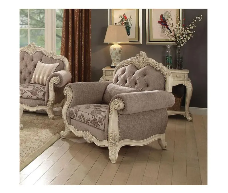 Ragenardus Gray Fabric Accent Chair With One Pillow And Antique White Frame – Model 56022 1