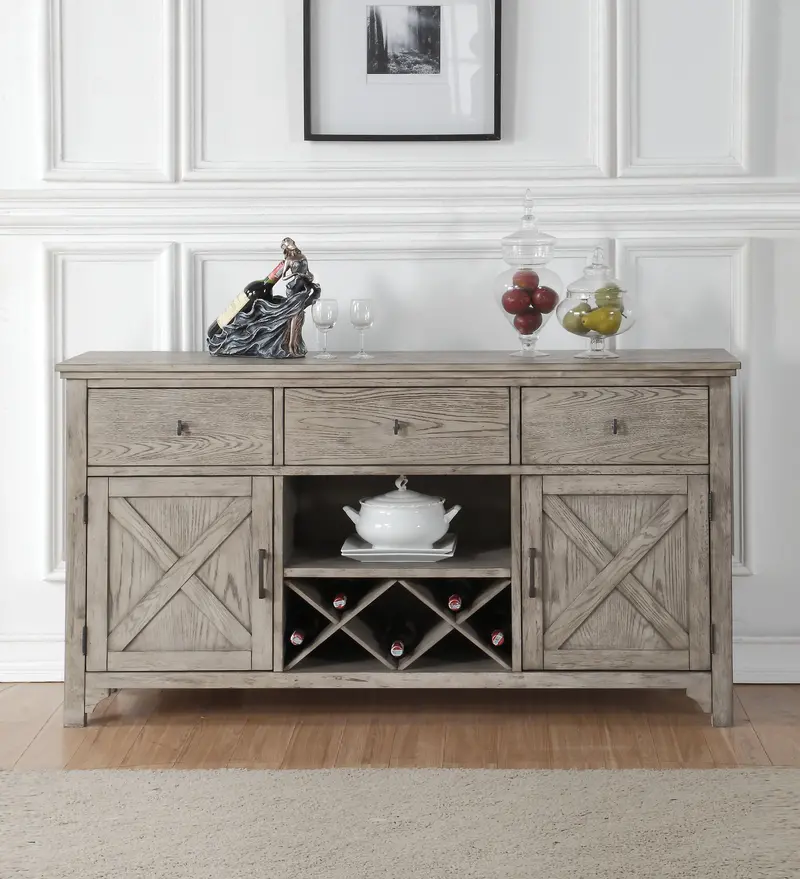 Rocky Gray Oak Farmhouse-Style Server With Open Shelving 1