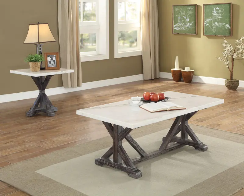 Romina Weathered Espresso Coffee Table With White Marble Top 1