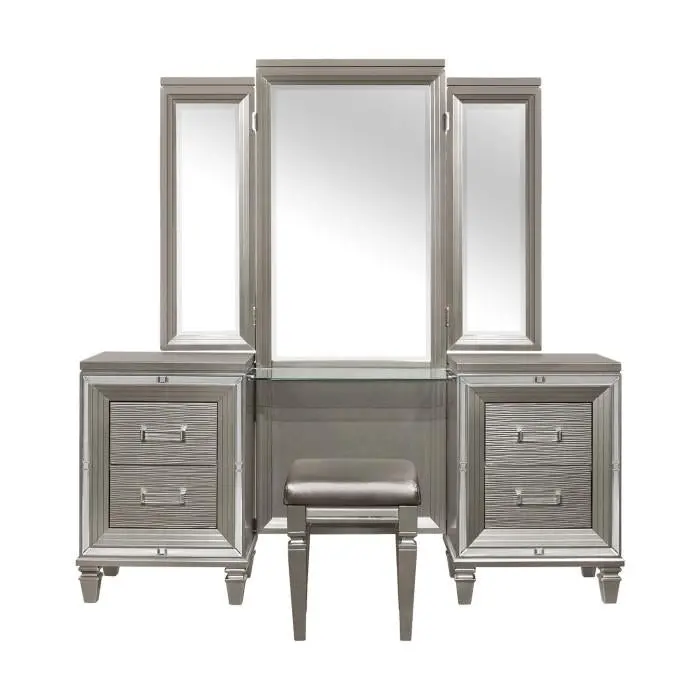 Tamsin Silver Grey Metallic 3-Piece Vanity Set – Dresser, Mirror & Stool Bundle 1
