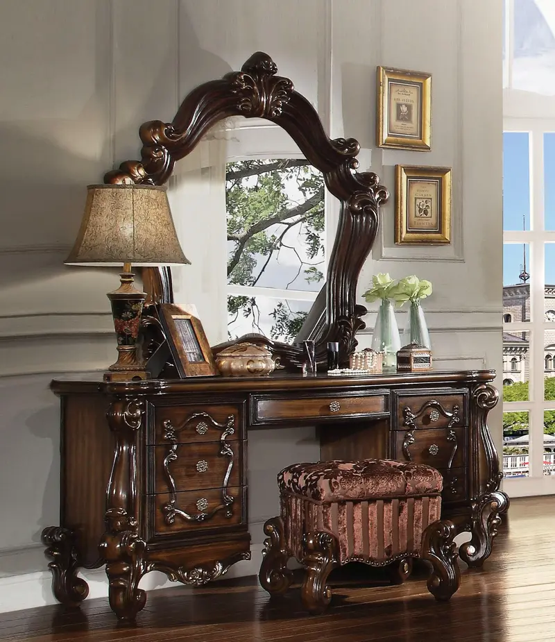 Versailles Cherry Oak Vanity Desk With Drawers And Classic Crown Molding 1