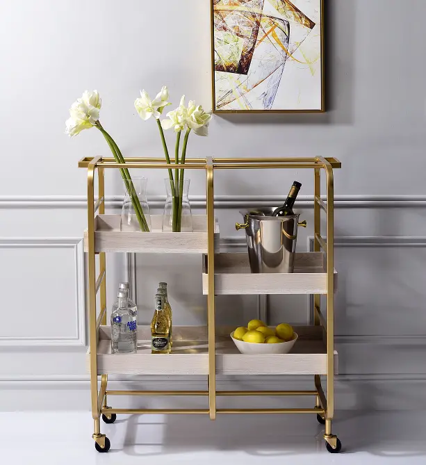Vorrik Gold And Whitewashed Serving Cart – Two-Tier Rolling Bar Trolley 1