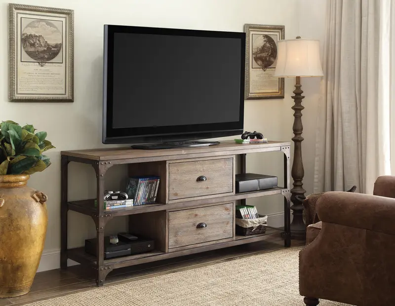 Weathered Oak Gorden Tv Stand With Antique Silver Metal Accents 1