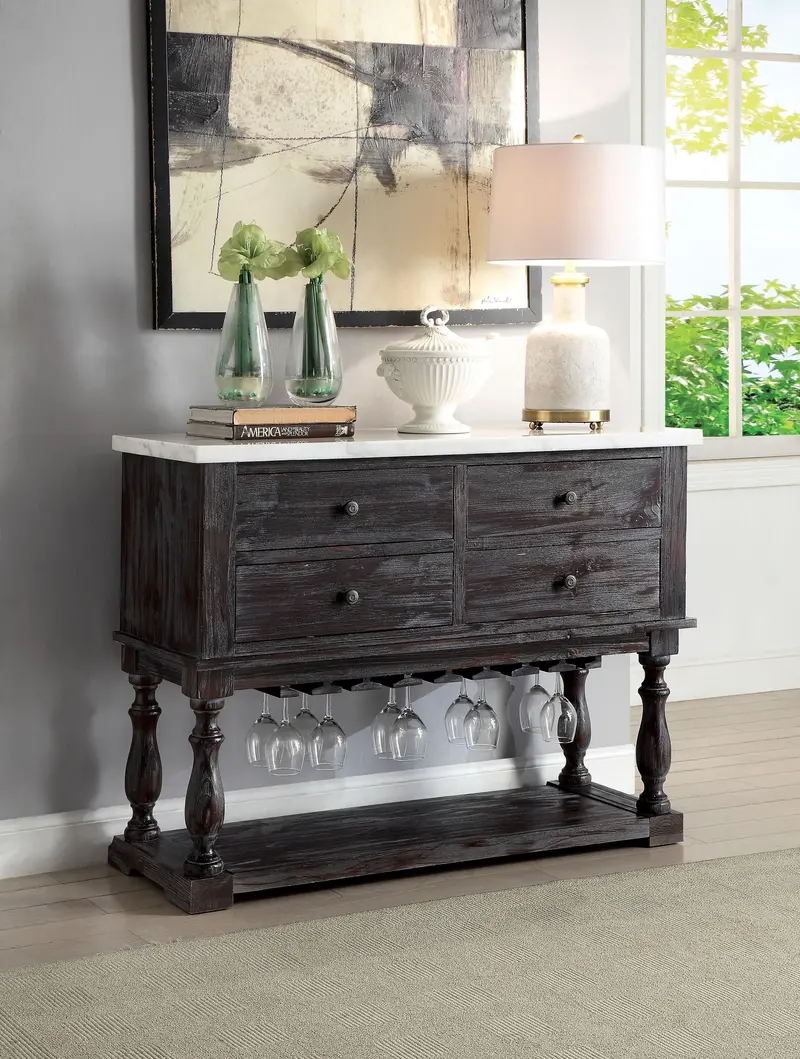 White Marble & Weathered Espresso Gerardo Server – Industrial-Chic Storage 1