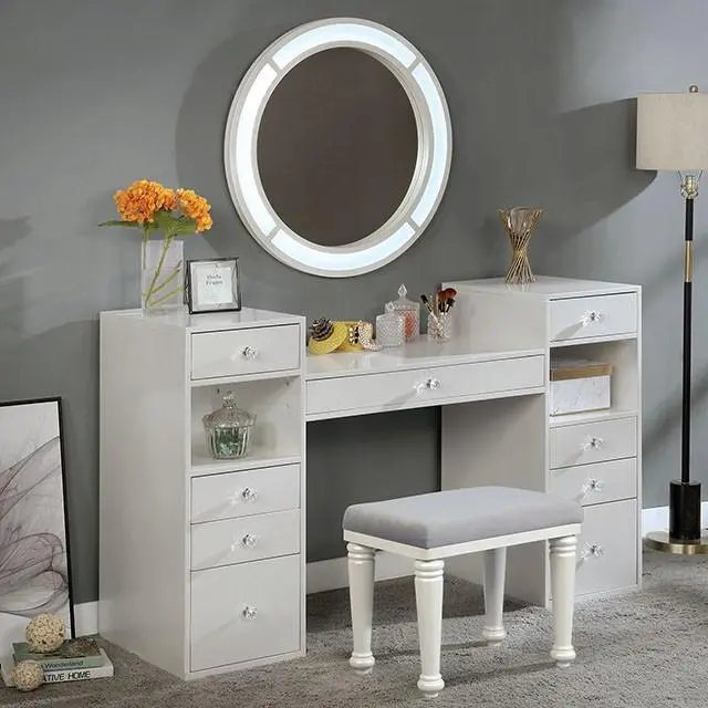 Yasmine Modern Vanity Desk Set – Includes Lighted Mirror & Bench 1