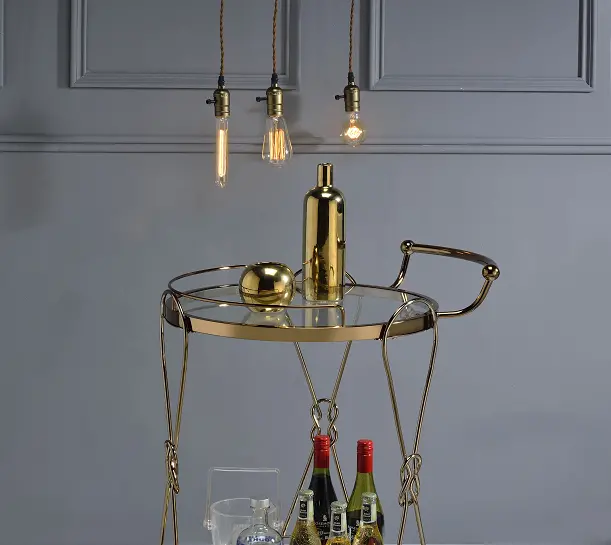 Zekera Champagne-Colored Rolling Serving Cart With Glass Shelves 1