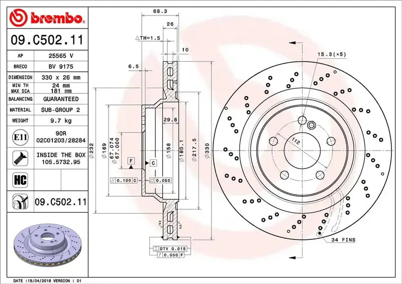 Brembo 09C50211C02 Premium Brake Rotor – High-Performance Slotted & Drilled Disc 1